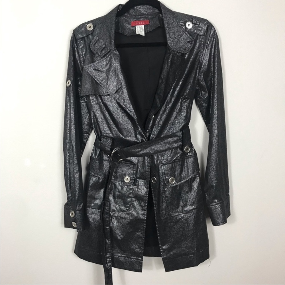 EUC Ceres Black Shimmery Metallic Trench Coat womens M winter fall boho edgy